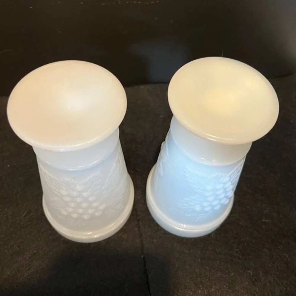 Vintage White Milk Glass Footed Goblets w/ Harvest Grapes Design Set of Two 6